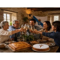 Mesa familiar celebrando o Día de Galicia con produtos galegos tradicionais